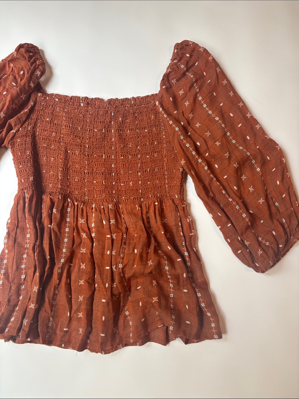 Smocked Rust Peasant Blouse with Balloon Sleeves
